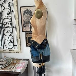 Denim patchwork bucket bag